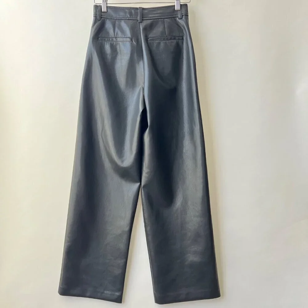 Babaton faux leather Pleated wide legs pants, Black, Size 2 K44